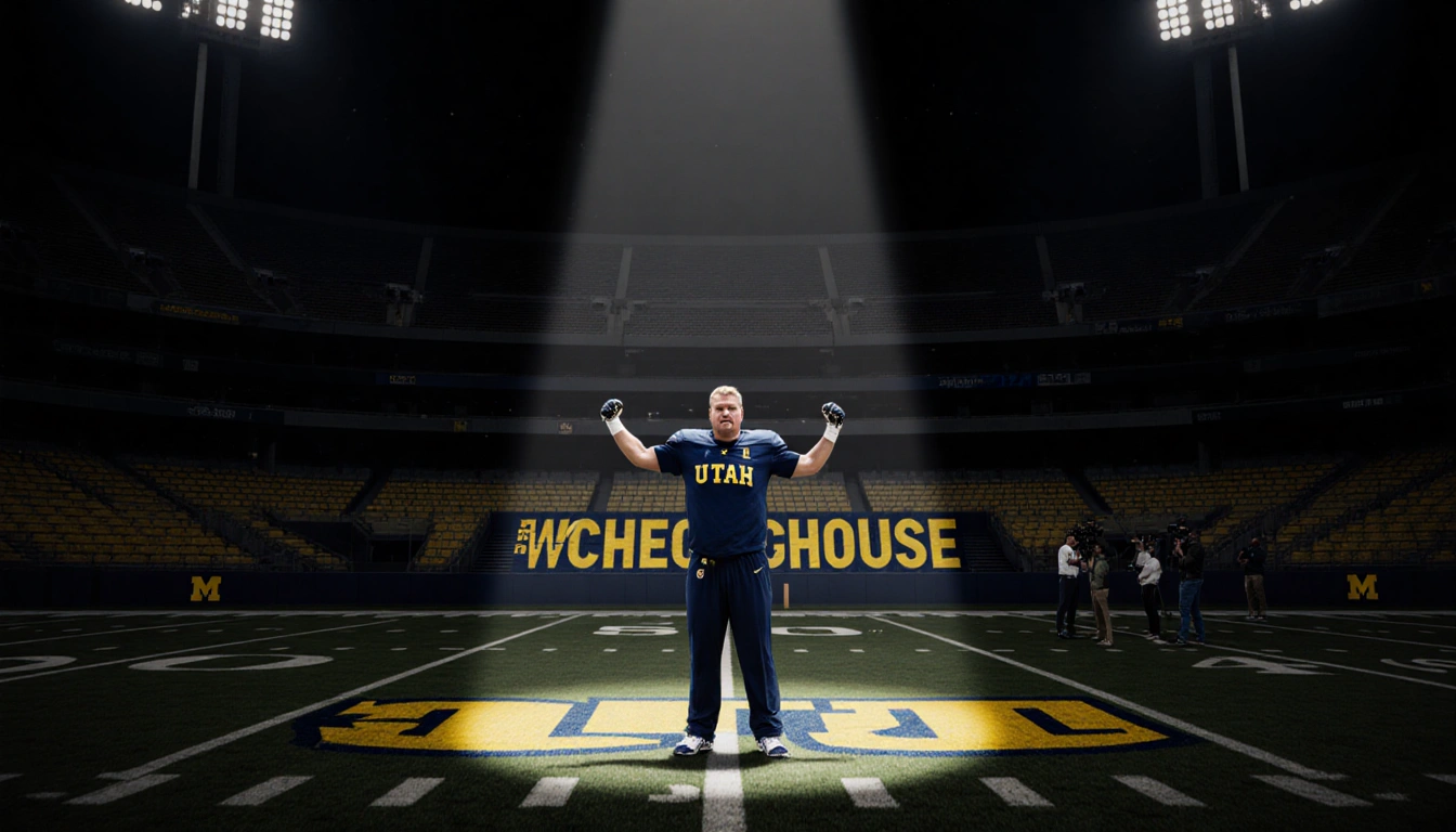 Kyle Whittingham stands triumphantly in a spotlight on an empty Michigan Stadium field with