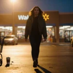 Kyra Stubbs walking toward her car with determination in a dimly lit Walmart parking lot at dusk.