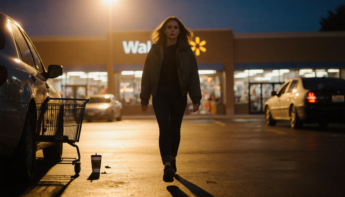 Kyra Stubbs walking toward her car with determination in a dimly lit Walmart parking lot at dusk.