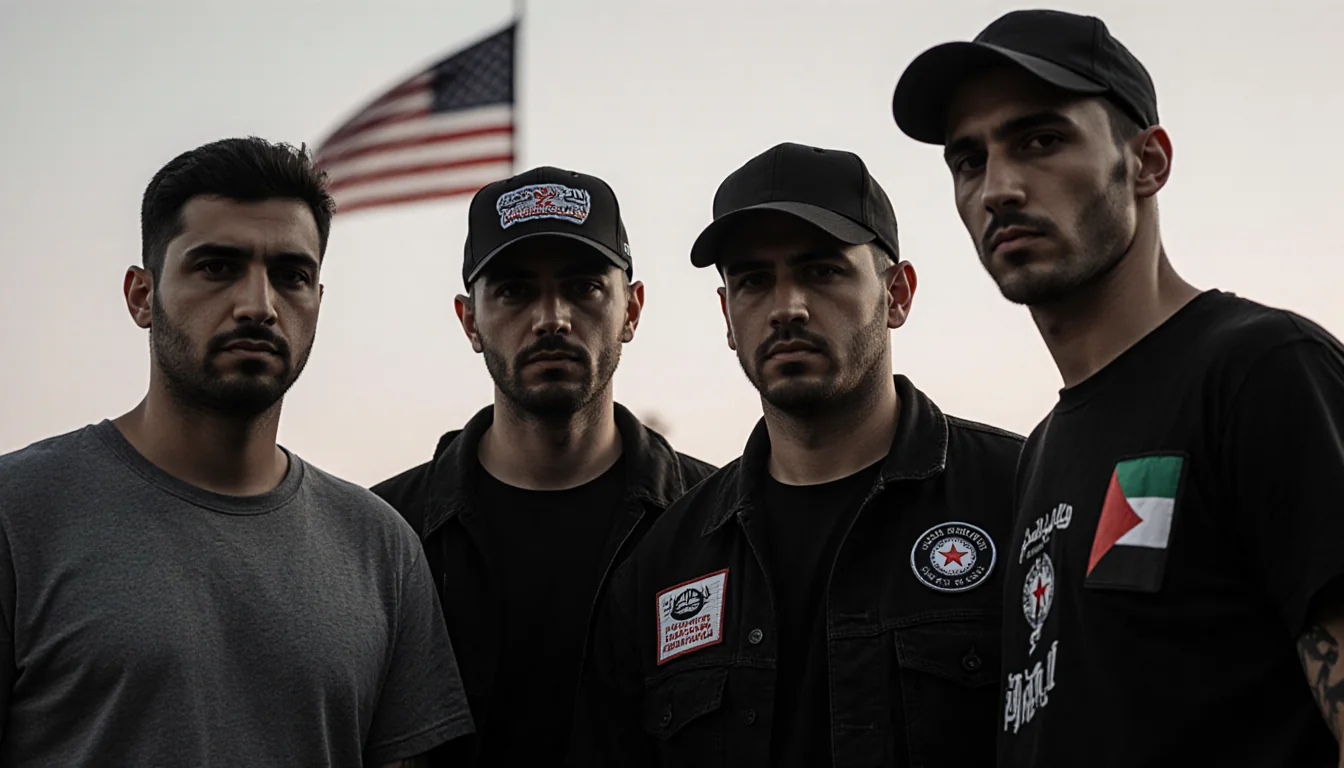 Four men stand together with anti-government patches and a blurred flag in the background while their faces are in shadow.