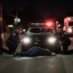 Officers kneeling around a prone figure illuminated by a police car