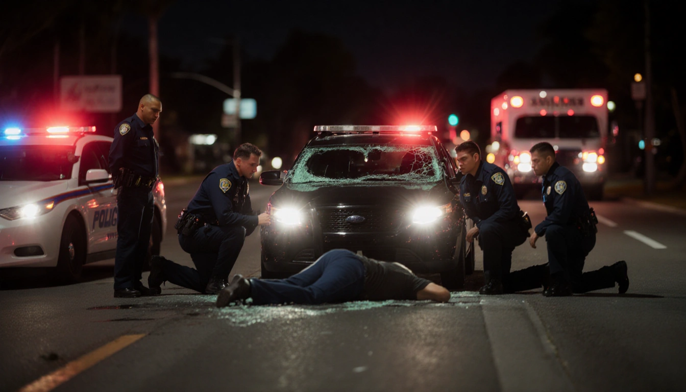 Officers kneeling around a prone figure illuminated by a police car