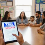 Lake Worth ISD parents worry at a wooden table with performance reports while a child holds a tablet showing a TEA takeover n