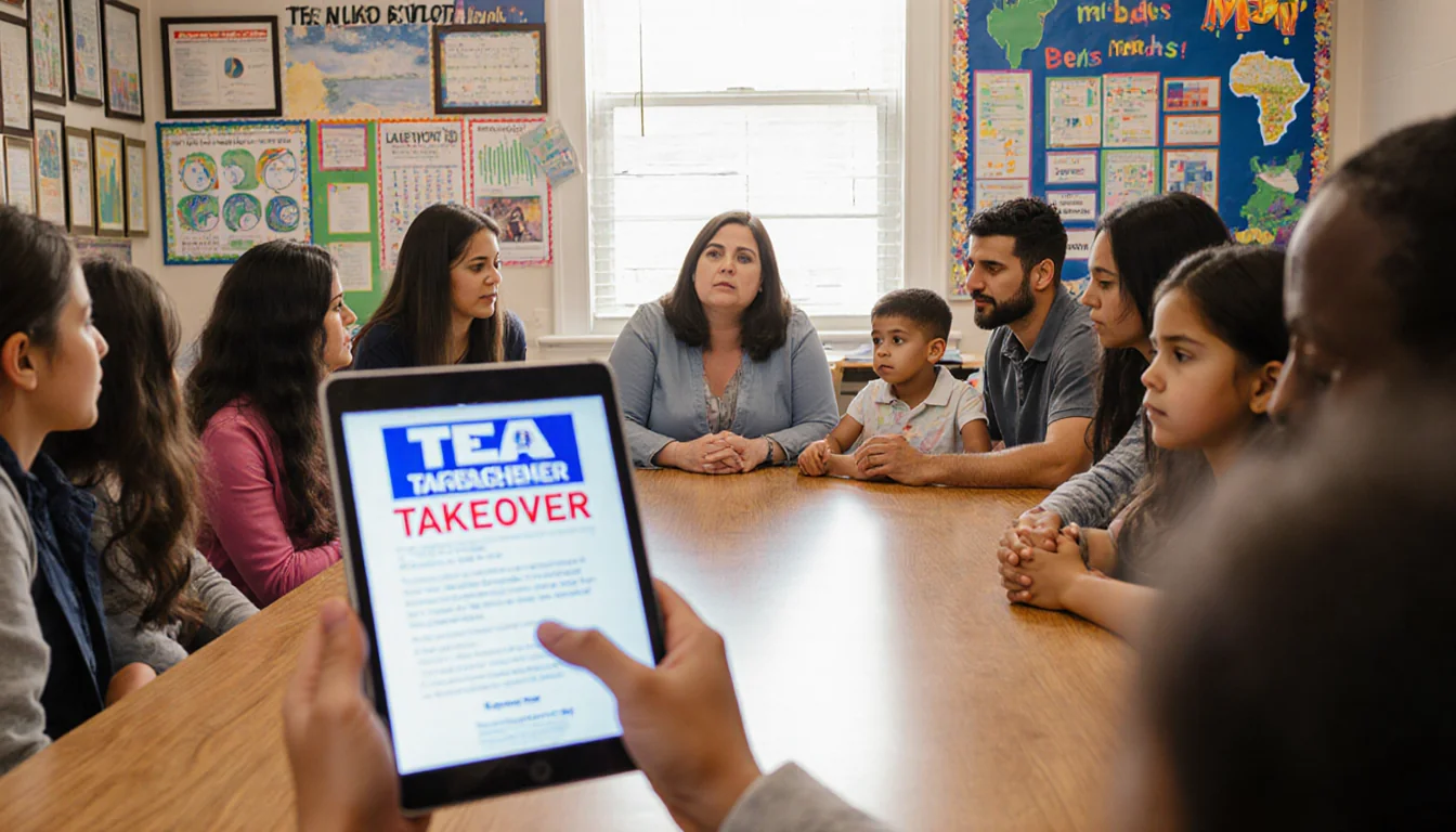 Lake Worth ISD parents worry at a wooden table with performance reports while a child holds a tablet showing a TEA takeover n