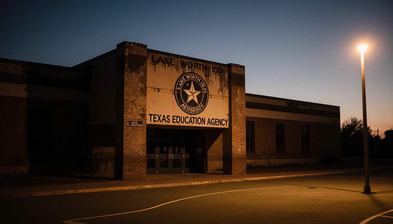 Lake Worth ISD school building standing silent with fading colors and a flickering streetlight.