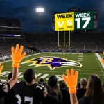 Fans cheering with orange foam fingers and Ravens logo on Lambeau turf under bright scoreboard glow.