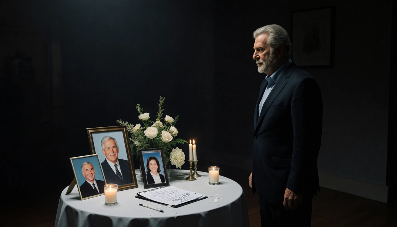 Larry David standing at a memorial table with photos of Rob Reiner and candles glowing