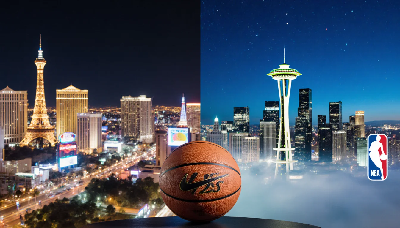 Basketball perched on miniature NBA logo with Las Vegas Strip lights and Seattle skyline below night stars glimmering
