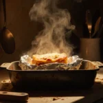 Steaming lasagna glows with golden light on a dark steel pan in a dim kitchen