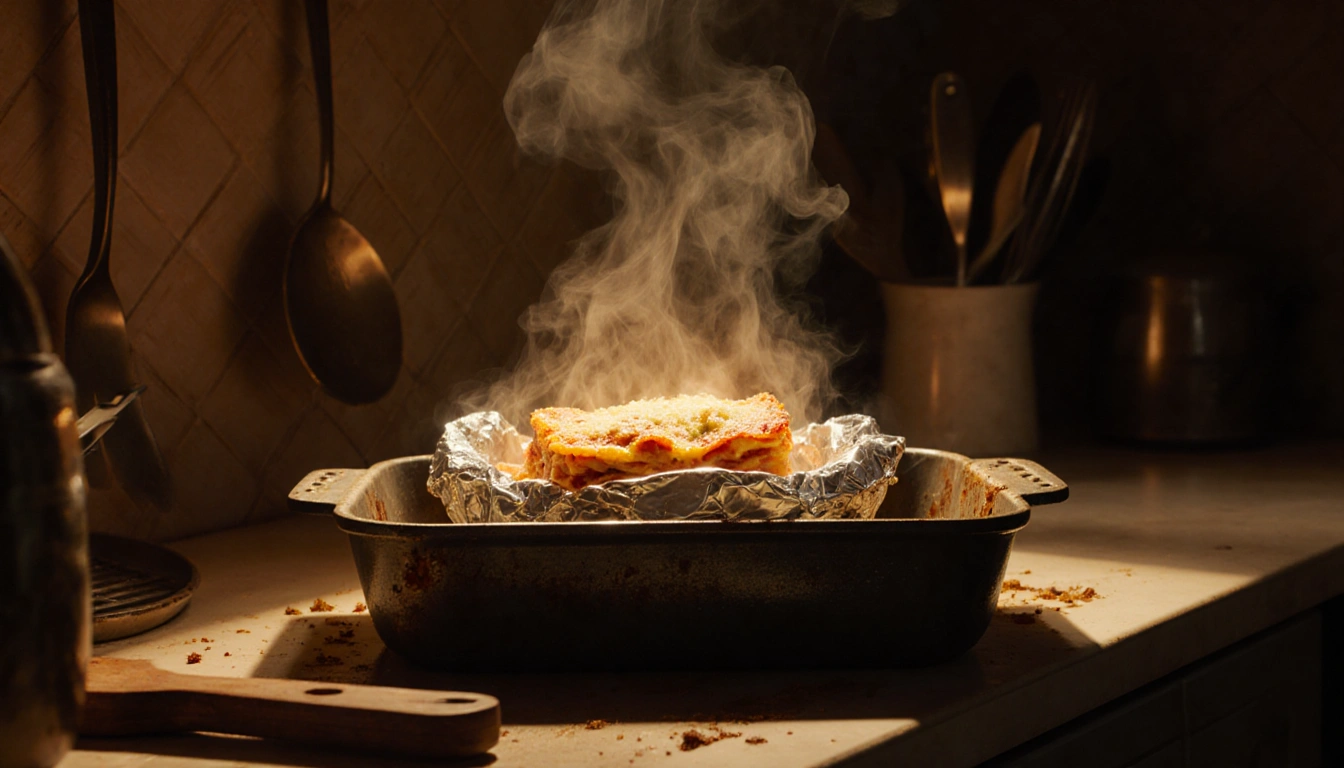 Steaming lasagna glows with golden light on a dark steel pan in a dim kitchen
