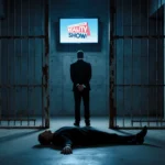 Body lies on concrete floor with cold walls and rusty bars in a Las Vegas detention center cell and TV flickers in dim light