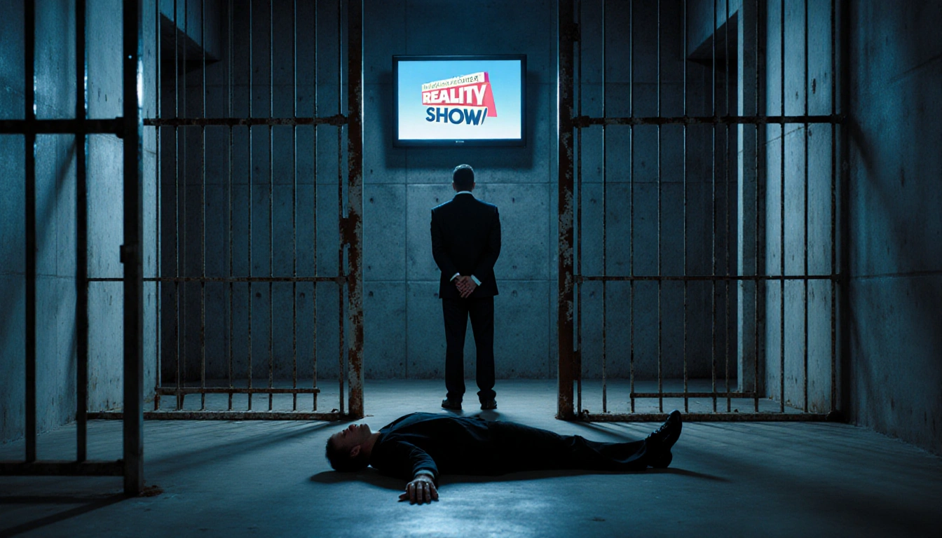 Body lies on concrete floor with cold walls and rusty bars in a Las Vegas detention center cell and TV flickers in dim light