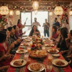 Crowd dancing around a table with Latin dishes and string lights glowing.
