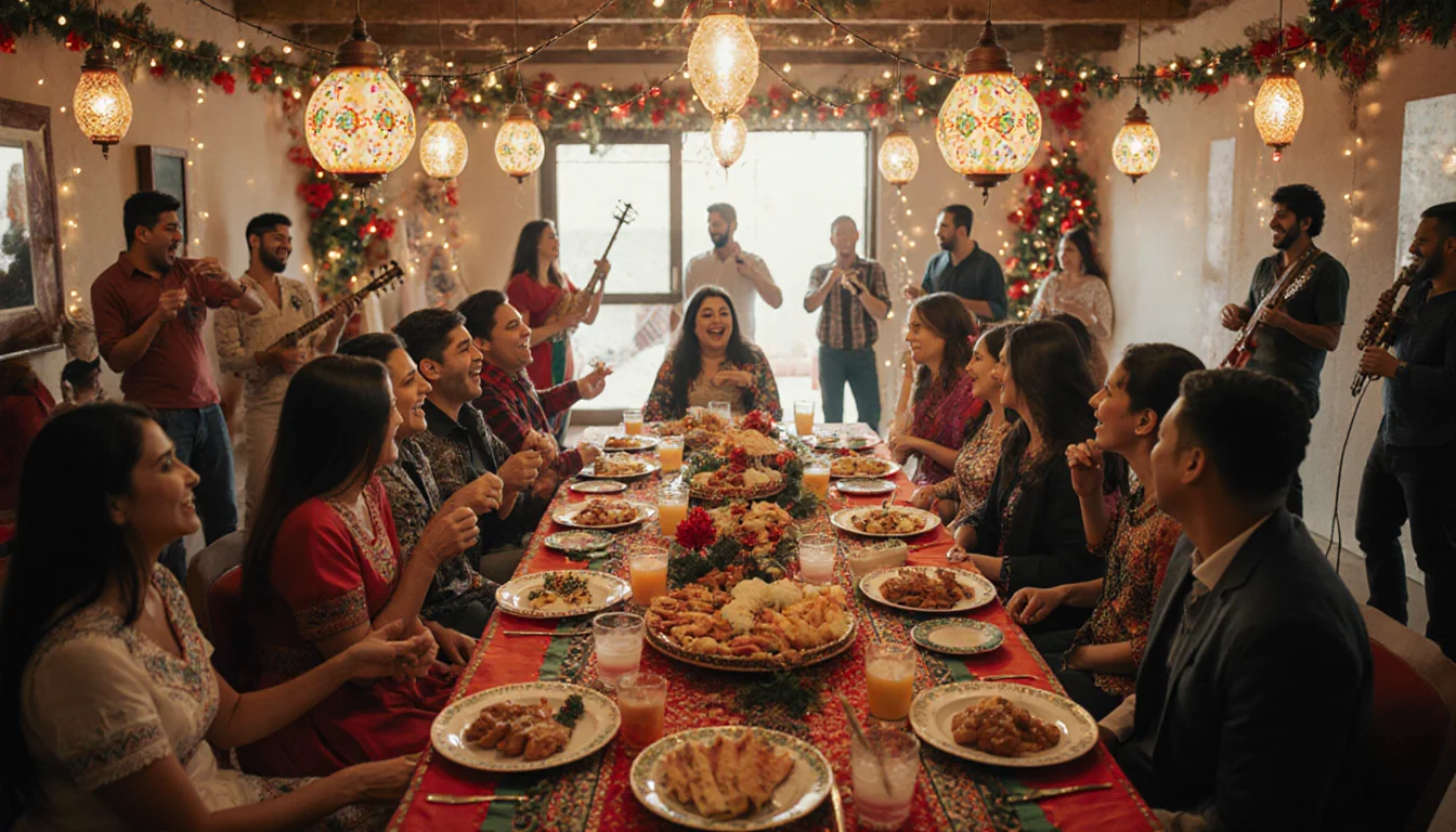 Crowd dancing around a table with Latin dishes and string lights glowing.