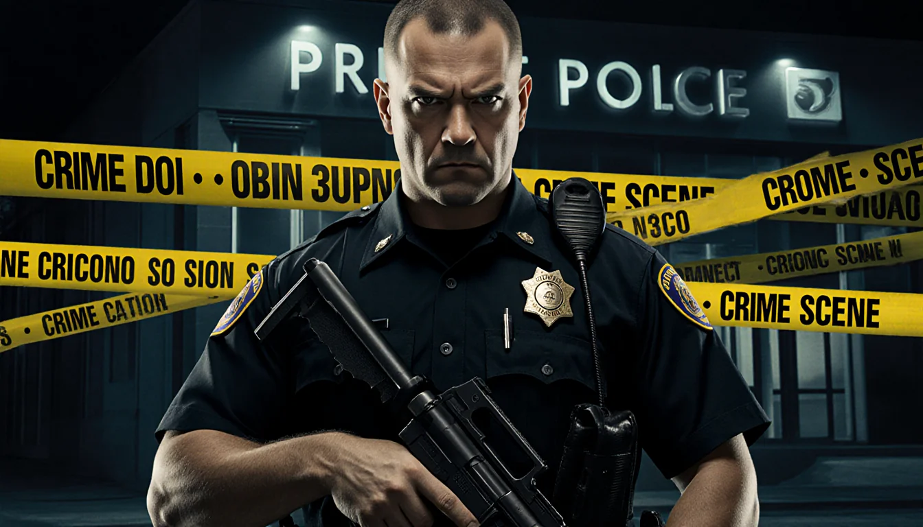 Law enforcement officer standing before police station with crime scene tape and evidence bag nearby