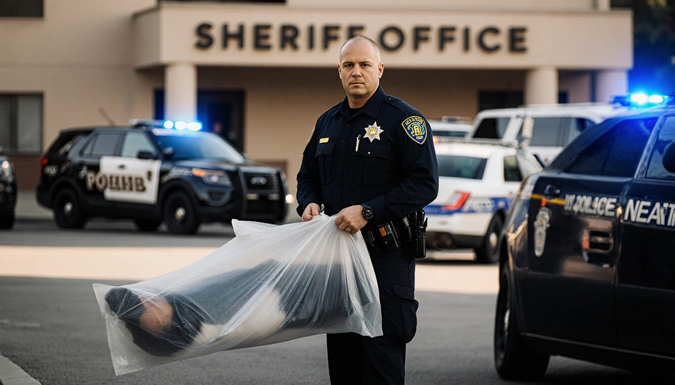 Officer in tactical gear carrying a body bag with badge visible near police and FBI vehicles