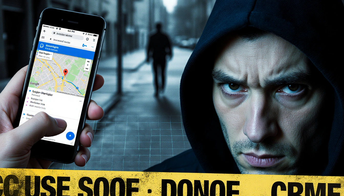 Officer's hand holds mobile phone showing suspect location with blurred silhouette and defiant suspect face looking at camera