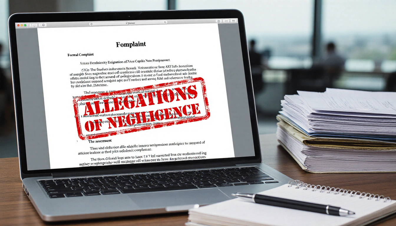 Lawyer's desk displays complaint on laptop with red ALLEGATIONS OF NEGLIGENCE stamp and files and pen beside window showing c