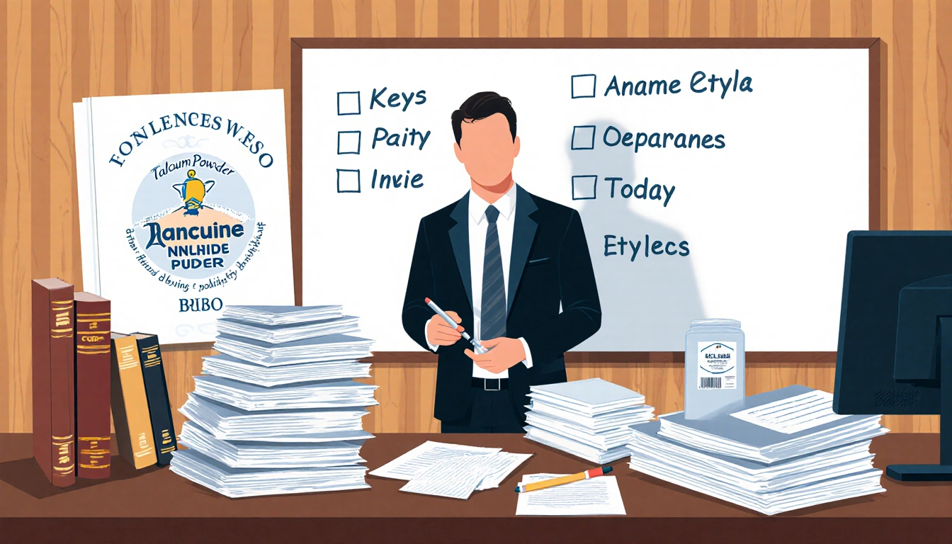 Lawyer Ben Braly holds marker near a whiteboard while a stack of documents sits beside a blurred talcum powder label behind.