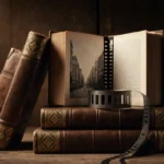 Stack of leather-bound books arranged with a vintage film reel open between them and cityscape visible through its pages
