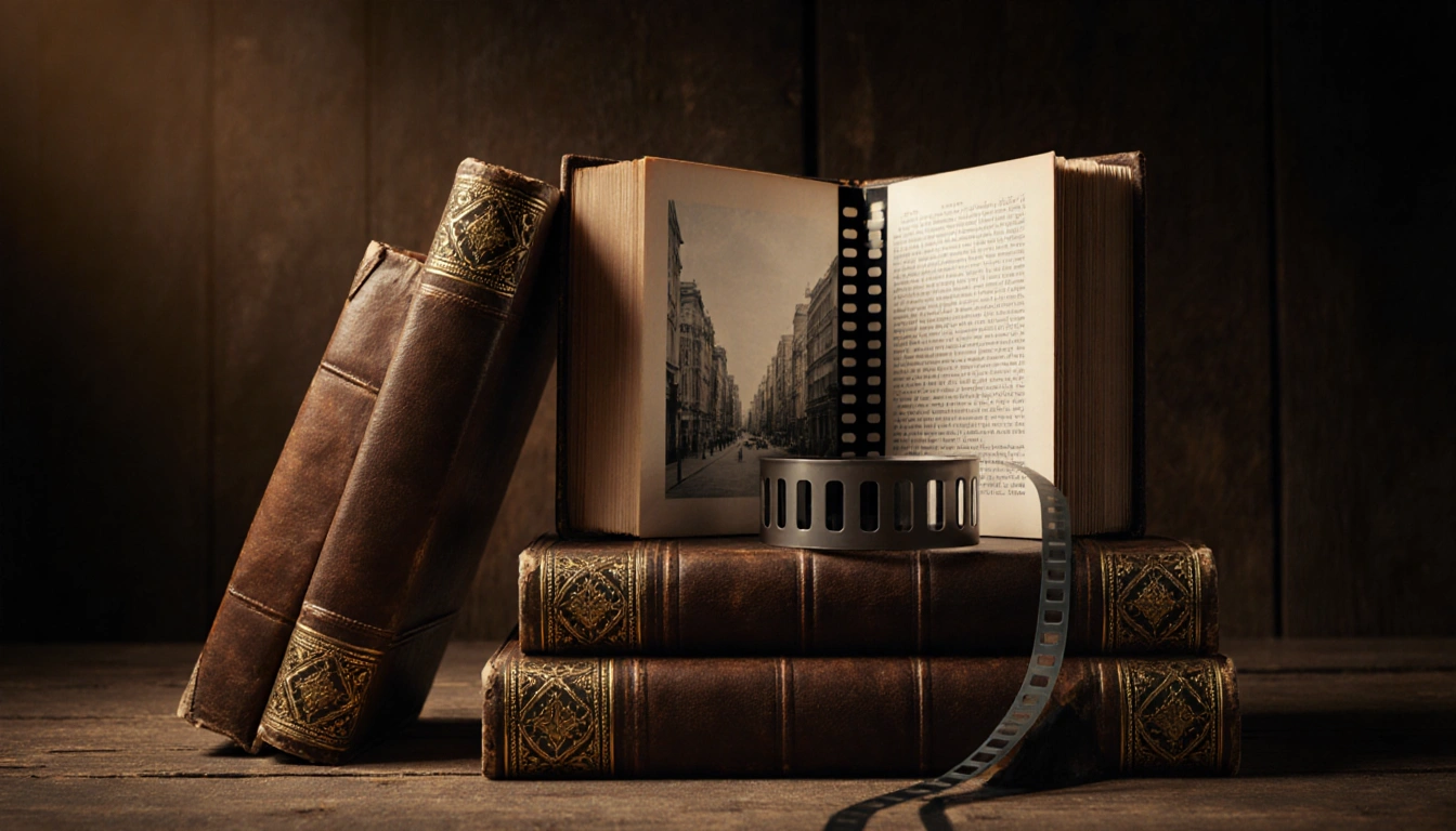 Stack of leather-bound books arranged with a vintage film reel open between them and cityscape visible through its pages