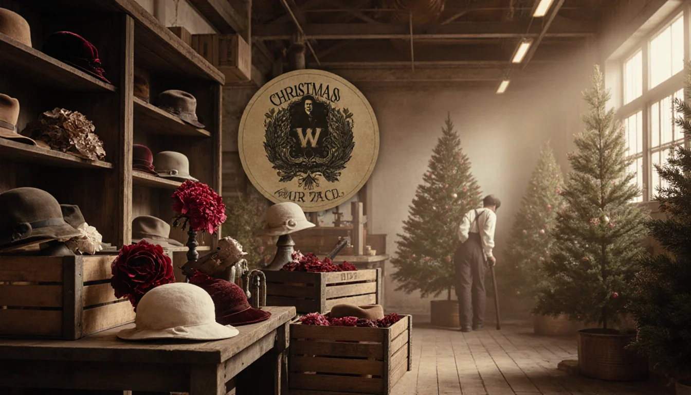 Workers crafting velvet and silk flowers with 19th-century workshop tools and warm golden light