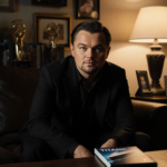 Leonardo DiCaprio sits in a dim room looking into the camera with Titanic DVD and award trophies nearby