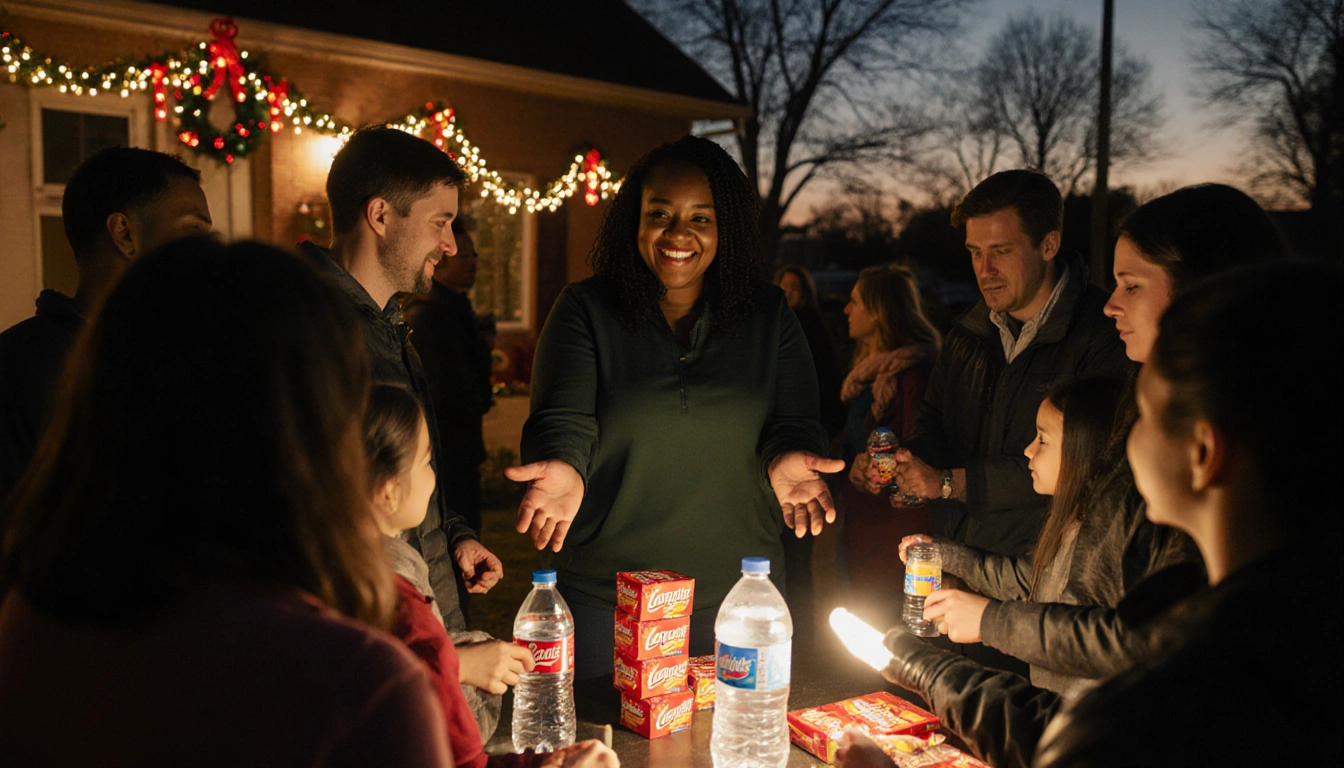 LeTitia Owens handing out snacks and water to a community crowd at dusk with warm golden light and subtle Christmas décor