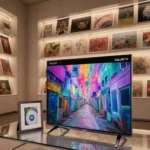 LG Gallery TV reflects vibrant artwork on glassy surface with shelves and magnetic frames and warm lighting