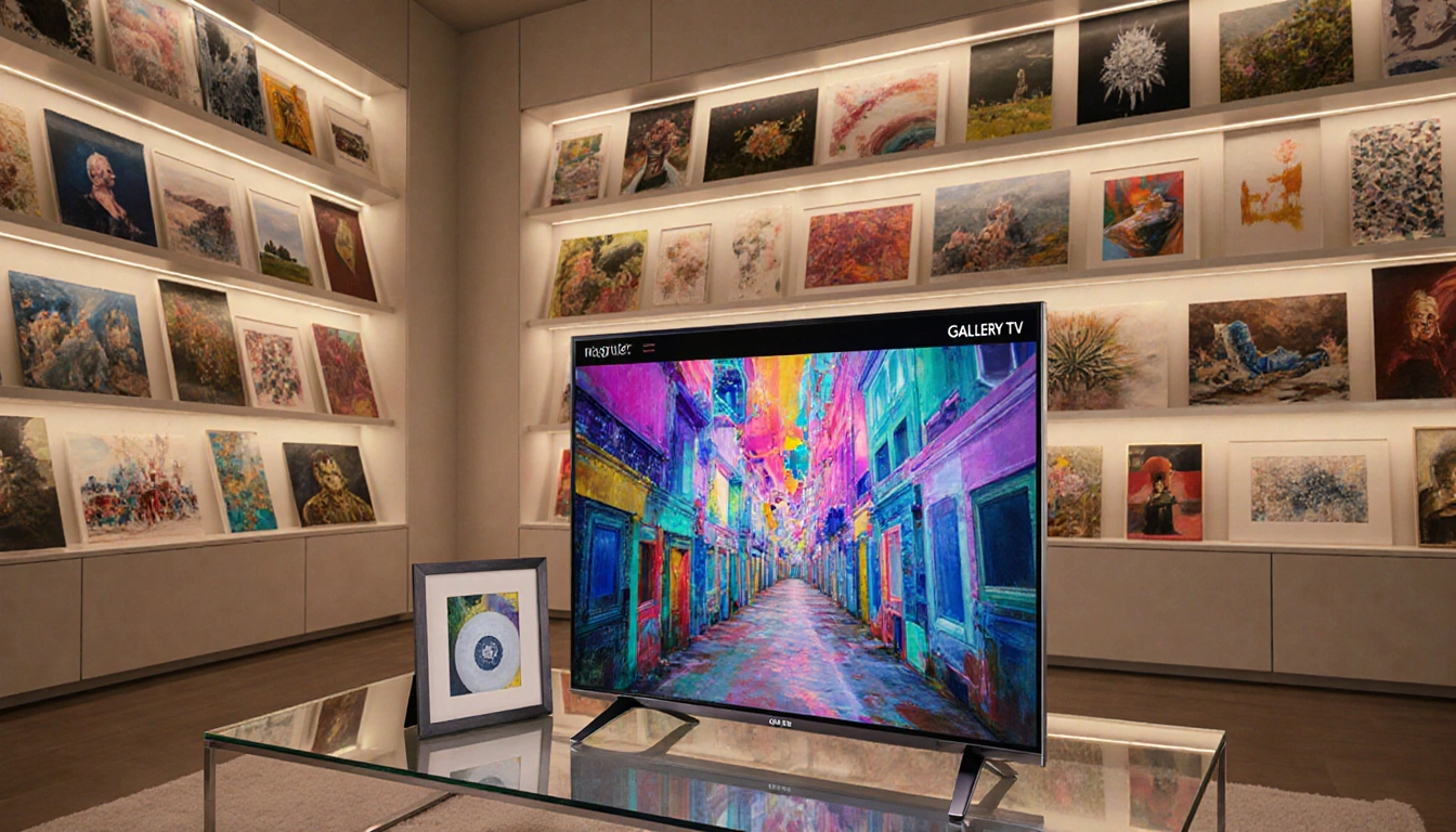 LG Gallery TV reflects vibrant artwork on glassy surface with shelves and magnetic frames and warm lighting
