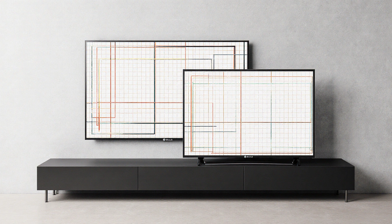TVs sitting side by side on a sleek TV stand with a subtle grid wall behind and LG Gallery TV design