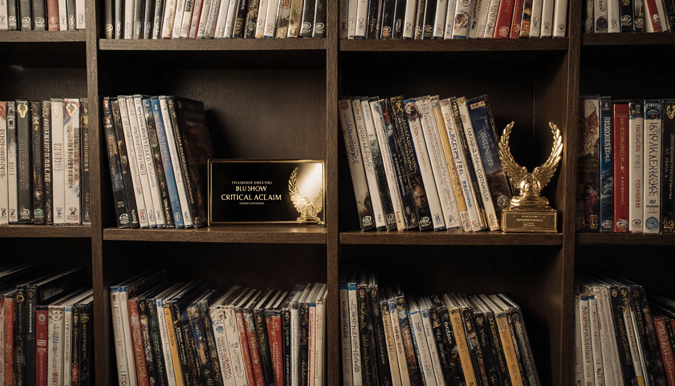 Shelf displays DVDs with golden accents and subtle lighting and awards.