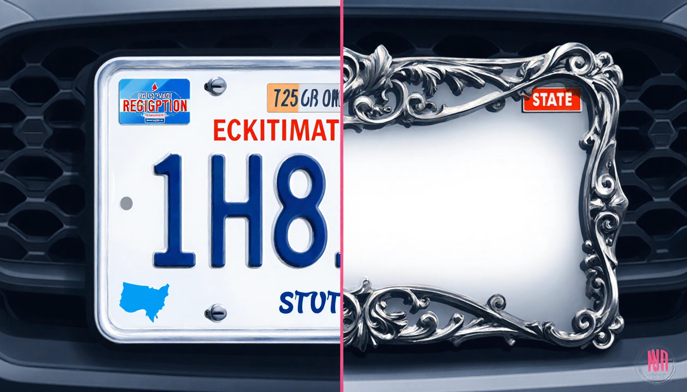 License plates show a plate with registration stickers and numbers and a framed plate with a decorative frame covering the to