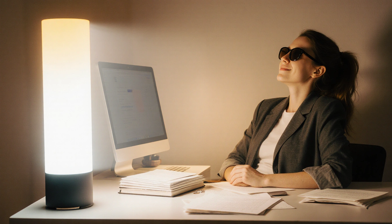 Person sitting relaxed with sunglasses near bright light therapy lamp in home office and scattered books on desk.