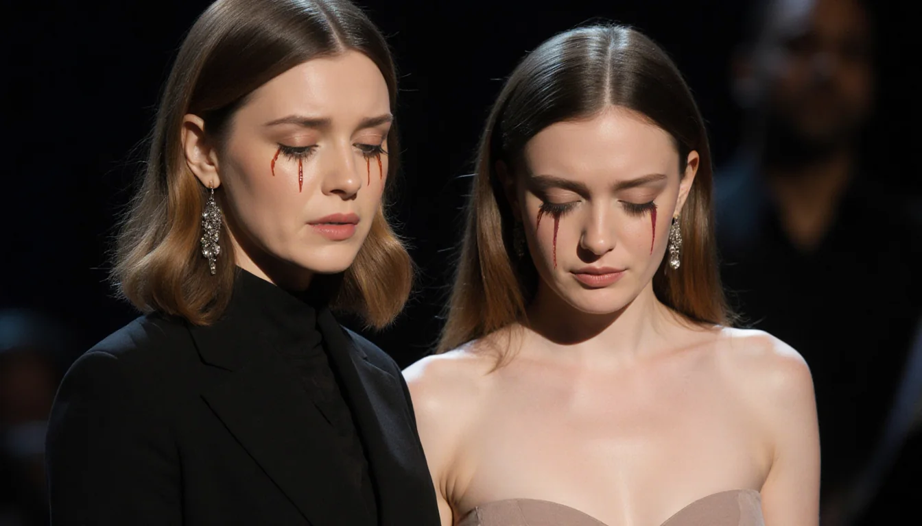 Lily Allen standing on SNL stage with emotional tears and Madeline beside her offering comfort