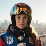 Lindsey Jacobellis standing confidently with NBC gear and microphone in front of a reflected Milan skyline under warm light