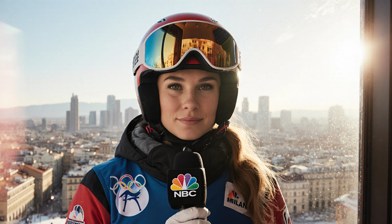 Lindsey Jacobellis standing confidently with NBC gear and microphone in front of a reflected Milan skyline under warm light