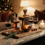 Living room with a cozy bar area featuring glasses of wine and a bowl of seasonal fruit illuminated by a candle during holida