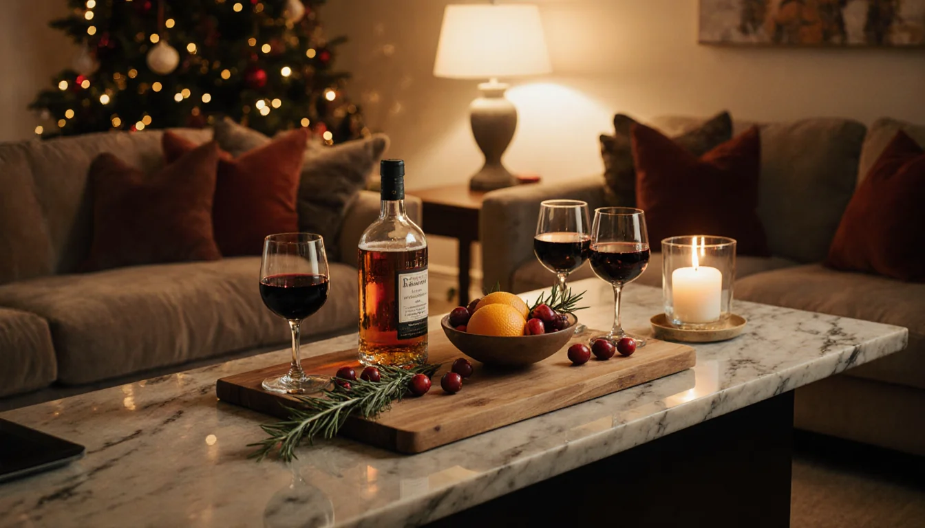 Living room with a cozy bar area featuring glasses of wine and a bowl of seasonal fruit illuminated by a candle during holida