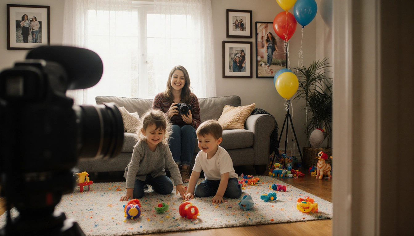 Children playing on floor with a camera lens while mother smiles holding camera near family photos in soft natural light
