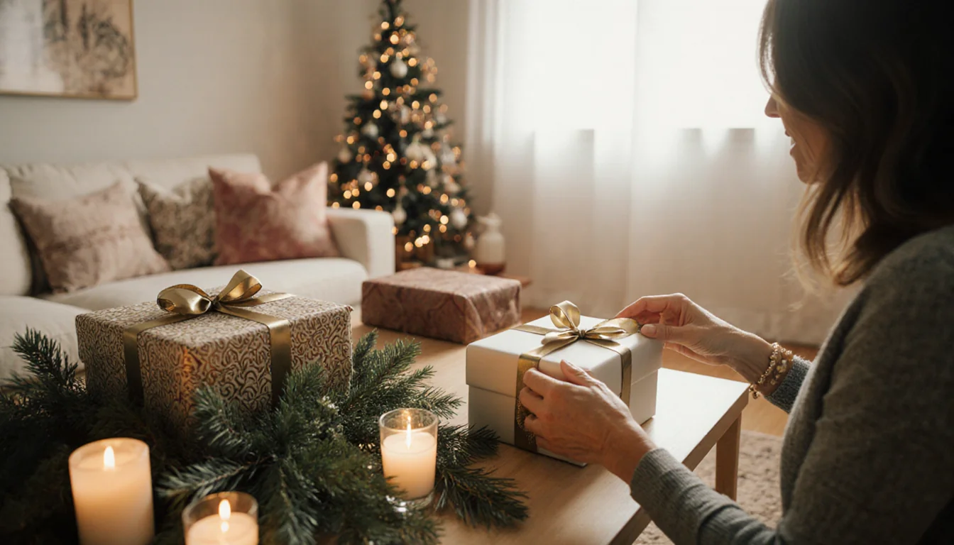 Kathy Copcutt unwrapping a gift with a ribbon and revealing a surprise in a living room and greenery