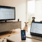 Living room scene shows laptop with parental monitoring app displaying pet activity logs beside a smartphone and pet toys