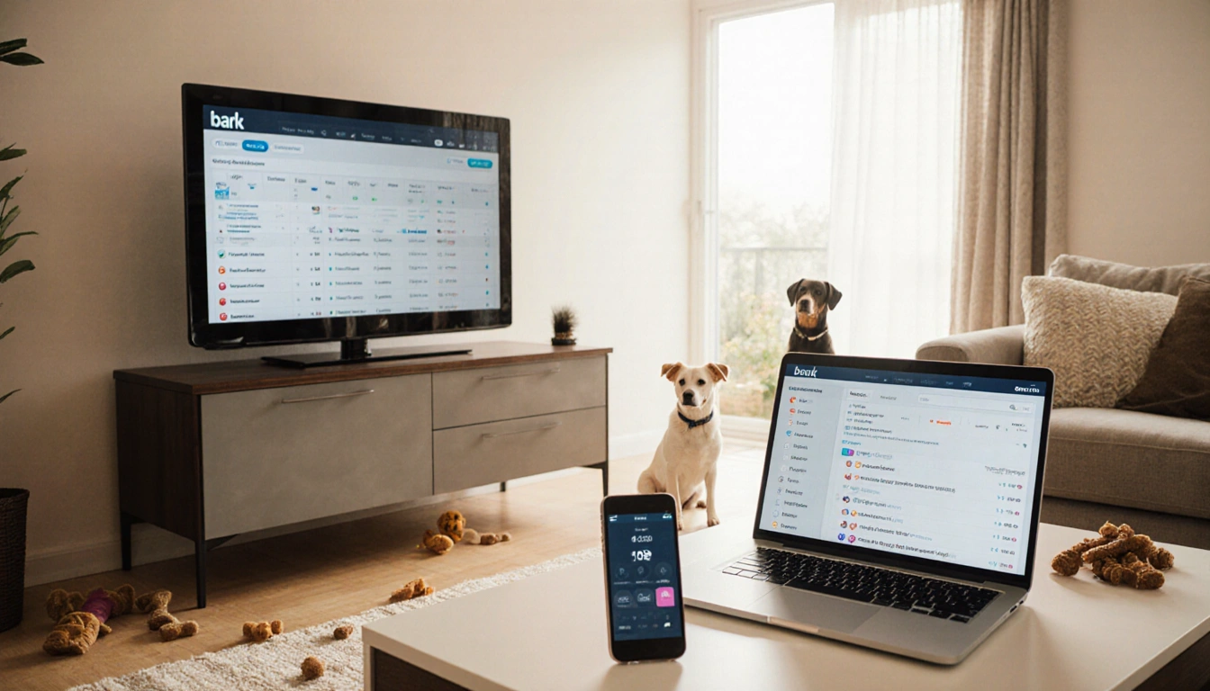 Living room scene shows laptop with parental monitoring app displaying pet activity logs beside a smartphone and pet toys