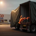 Orange lobster leaping out of tarp with dimly lit shipping container and parked tractor‑trailer behind.
