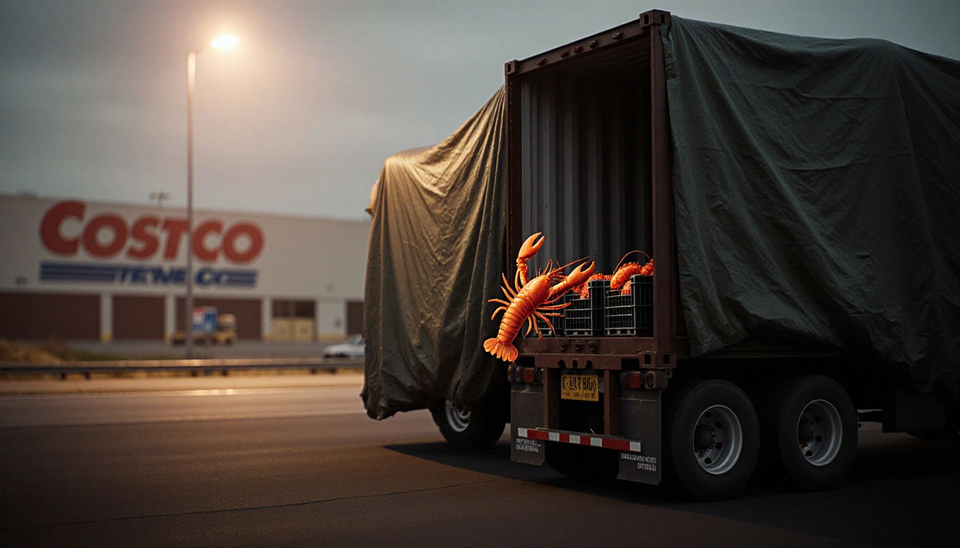 Orange lobster leaping out of tarp with dimly lit shipping container and parked tractor‑trailer behind.