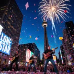 Two Texas bands perform on stage with confetti and balloons while Reunion Tower shows fireworks above.