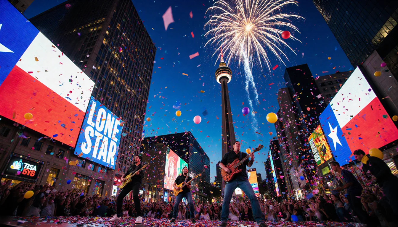 Two Texas bands perform on stage with confetti and balloons while Reunion Tower shows fireworks above.