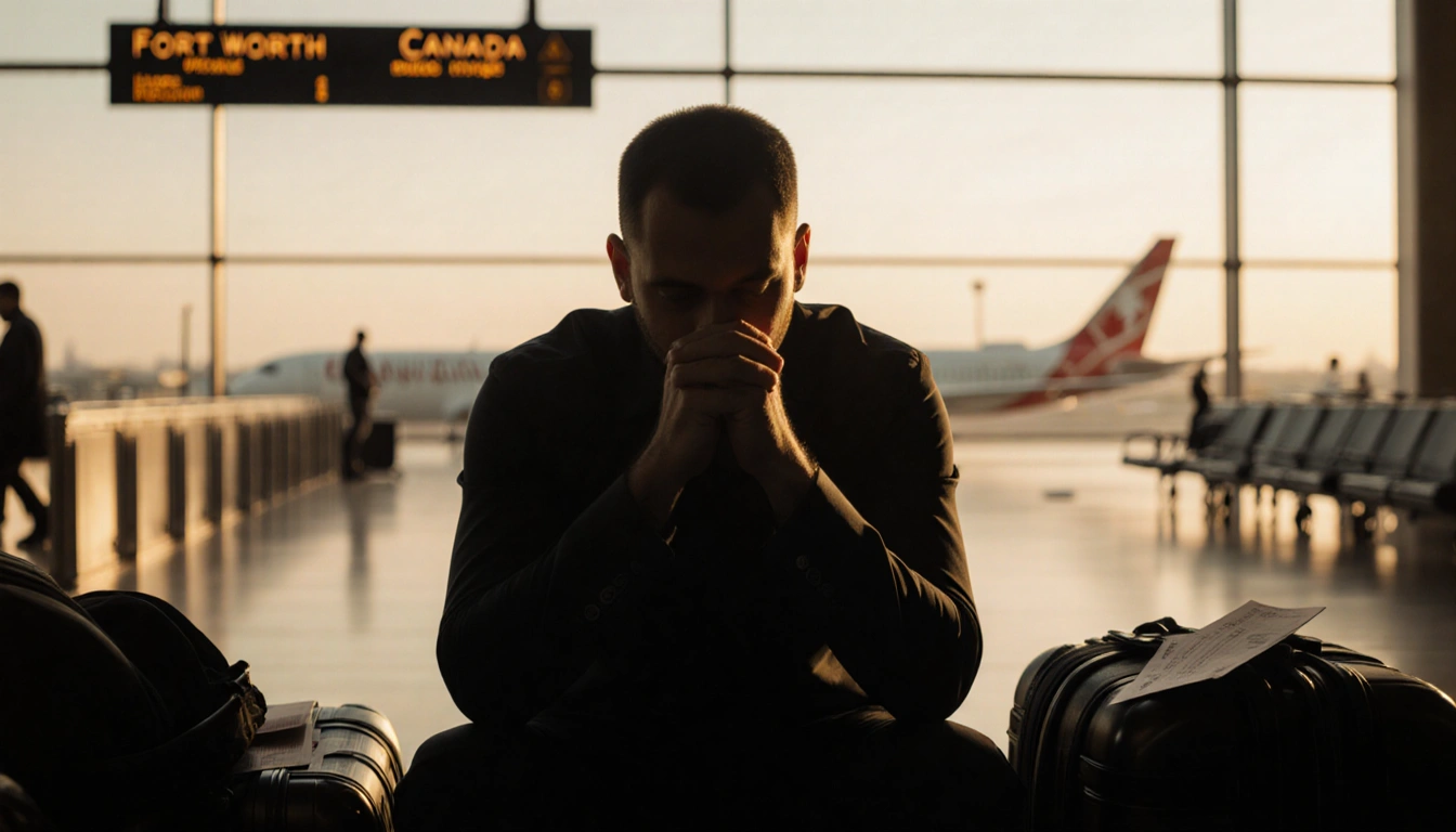 Man sits at airport gate clutching hands with scattered luggage and soft golden light casting long shadows