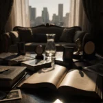 Coffee table displays photo albums and awards with broken vase and spotlighted book in a dimly lit Los Angeles living room