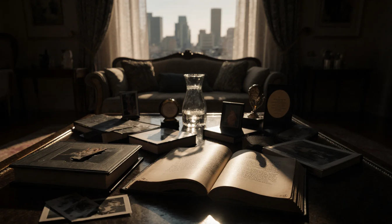 Coffee table displays photo albums and awards with broken vase and spotlighted book in a dimly lit Los Angeles living room